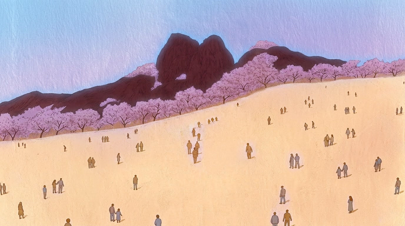 Cherry blossom hill with crowd — people walking on a sandy slope lined with pink blossom trees against dark mountains