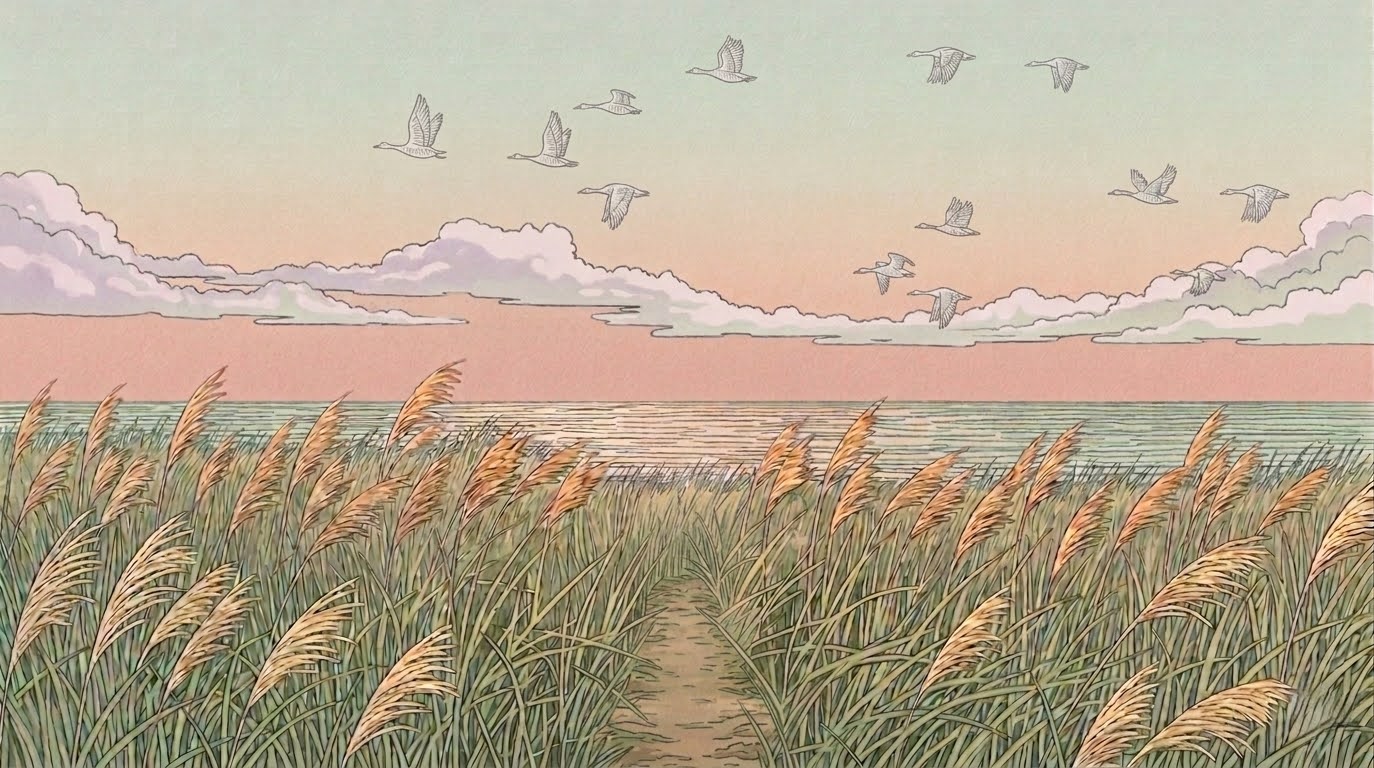 Coastal reed path at dusk — trail through swaying reeds leading to a pink horizon with birds in flight
