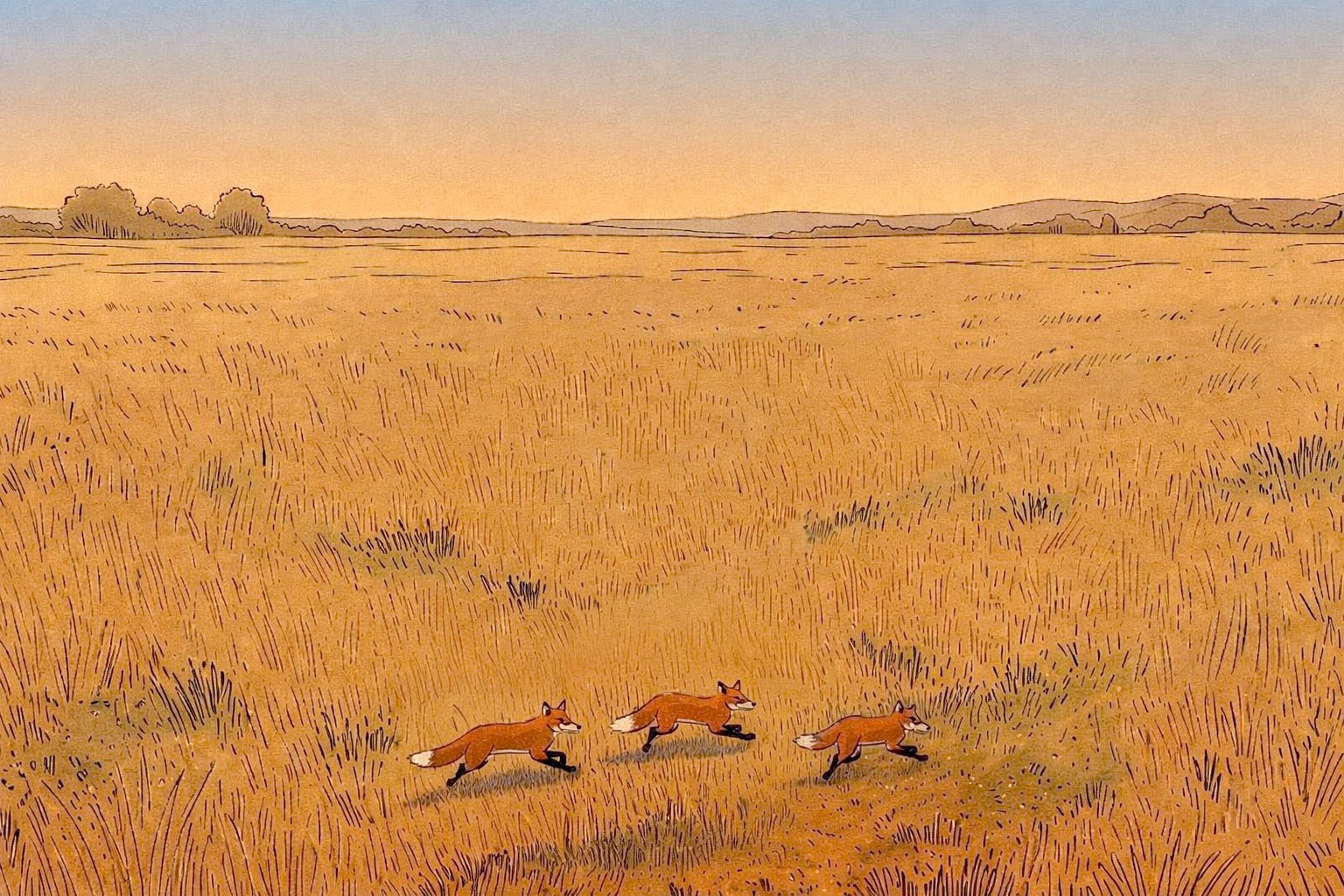 Foxes running through golden prairie — three red foxes bounding across a wide amber grassland
