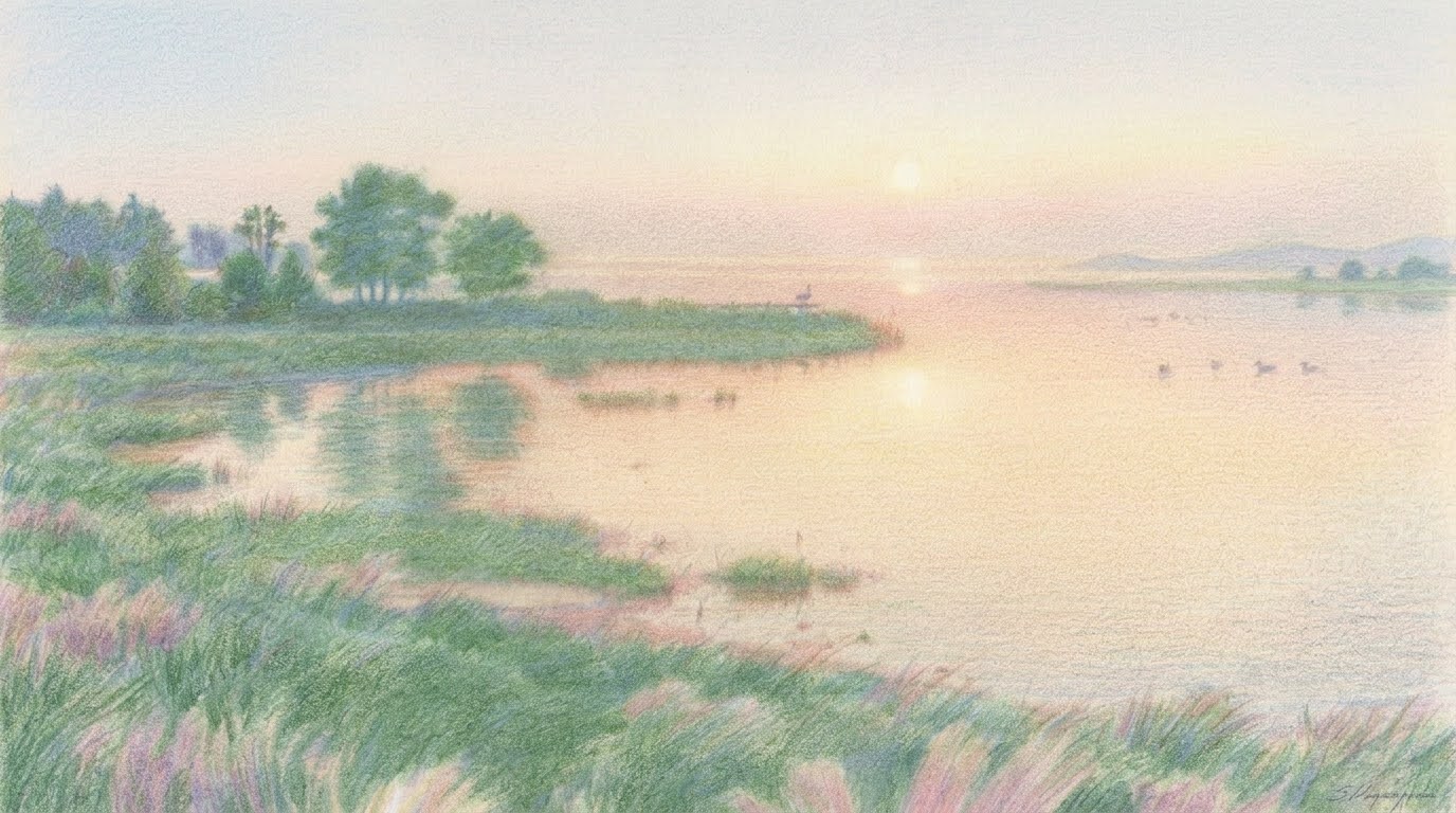 Misty lake sunrise over wetlands — soft pastel sunrise reflected on calm water with marsh grasses