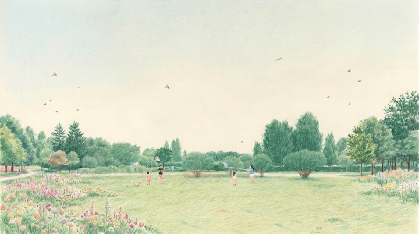 Summer park kite flying — children and adults flying kites in an open green park with flowering borders