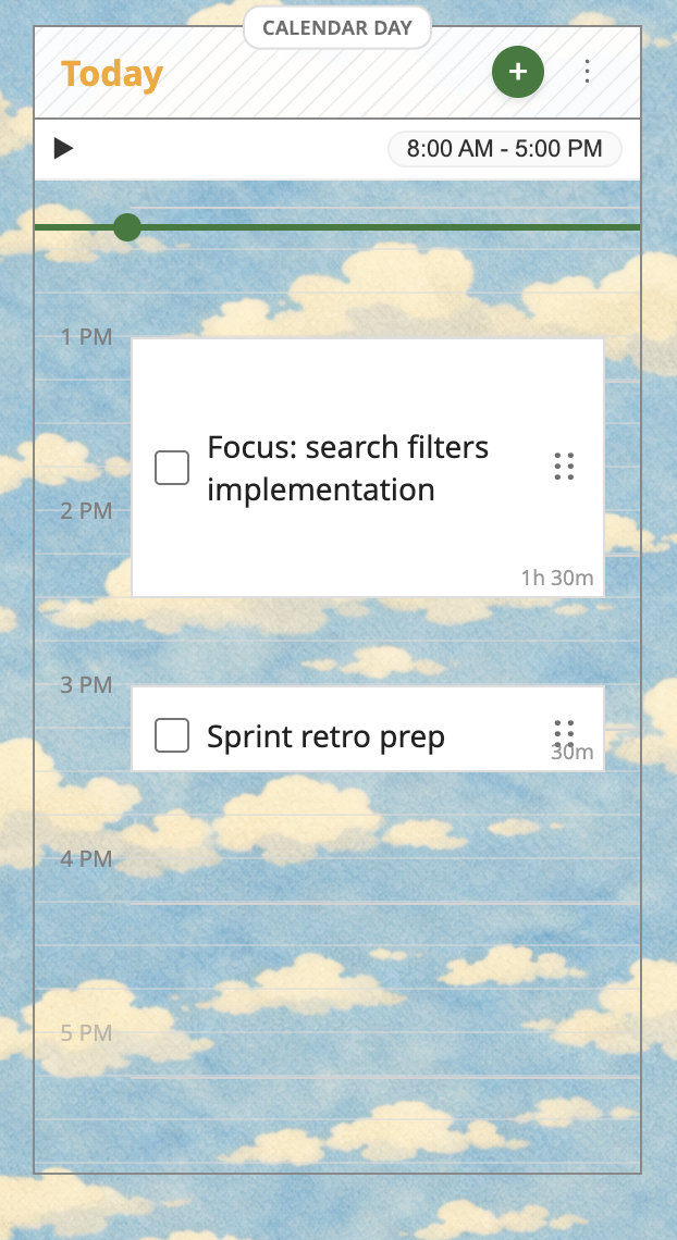 Calendar Day view showing a daily timeline with scheduled tasks