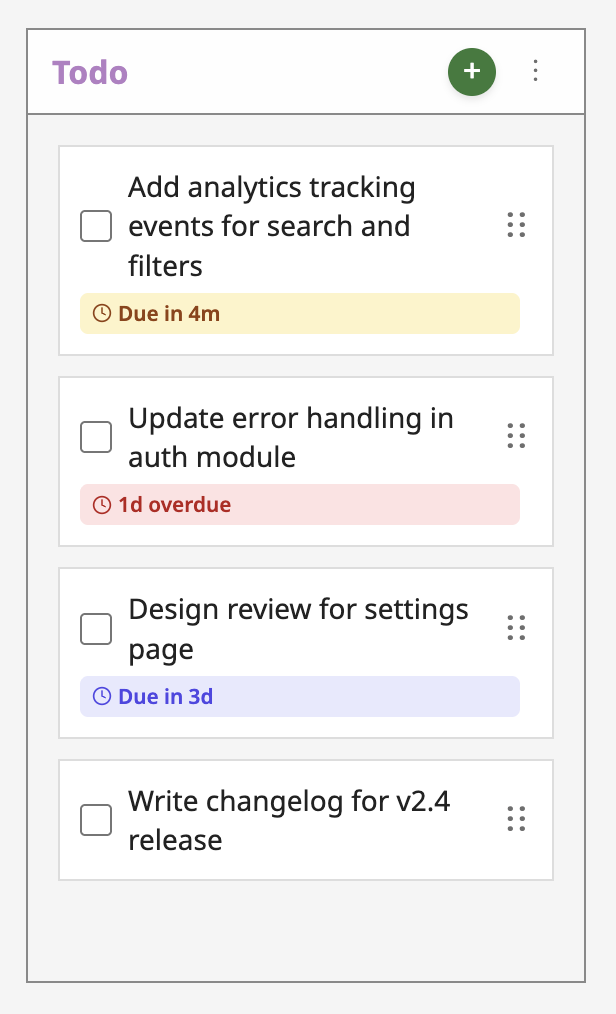 Task list showing color-coded deadline badges with due dates and overdue warnings