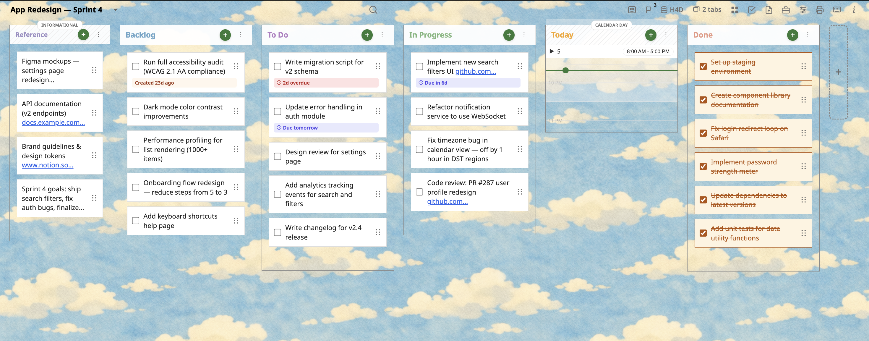 Warmup Worksheet app screenshot showing kanban task board
